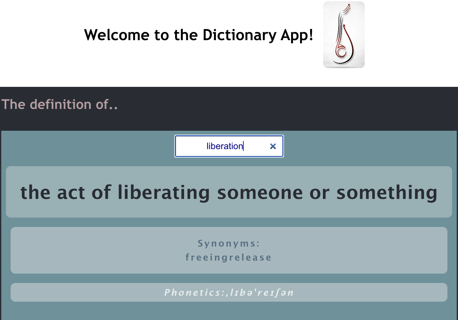 this is a screenshot of the react dictionary app Rihab coded